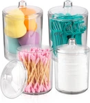 Qtip Holder Vanity Organizer, Clear Cotton Swab Jars With Wood Lids, 4 Pack. Fixed Price $11.99.